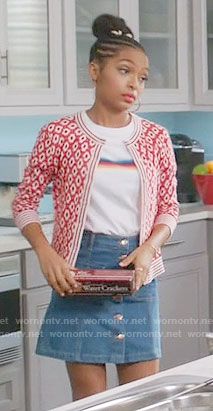 Zoey’s rainbow stripe top and red printed cardigan on Black-ish.  Outfit Details: https://wornontv.net/64563/ #Blackish Outfits, Clothes, Scene Hair, Dressing, Rainbow Striped Top, Striped Top, Stripe Top, Cute Outfits, Printed Cardigan