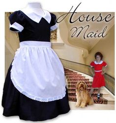 an image of a woman and her dog in front of the house maid dress on display
