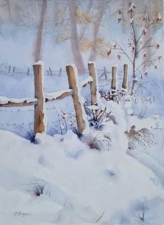 a painting of a fence in the snow