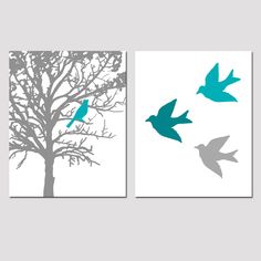 three yellow and gray birds are flying around the tree in this set of three wall art prints
