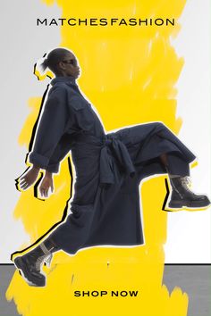 a man is doing a kick in front of a yellow background with the words matchfashion on it