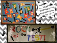 an image of rock the test bulletin board with music notes and musical instruments on it