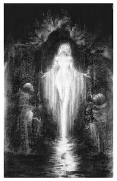 a black and white drawing of a woman standing in front of a waterfall