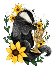 a badger with sunflowers and a trophy
