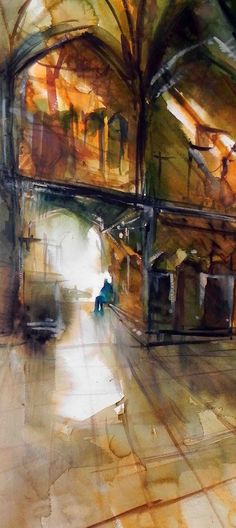 a painting of a person walking down a street