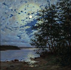 a painting of the moon setting over a lake