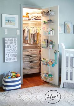 a baby's closet with an open door