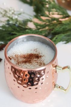 a copper mug filled with white liquid and cinnamon sprinkled on the rims