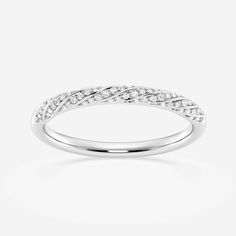 a white gold wedding ring with diamonds on the sides and a twisted design in the middle