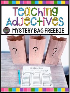 two paper bags with question marks on them and the text teaching adjectives mystery bag freebie
