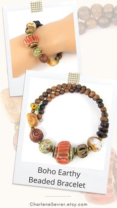 Beaded bracelet in earthy color tones. Bracelet features an asymmetrical yet harmonious design of beads in rust, brown, tan, bronze and green colors. Beads are ceramic, bronze, gemstone, glass, wood and metal. Bracelet is strung on memory wire. Slips on and off with no clasp to bother with. Adjustable to fit most. Memory Wire Bracelets, Boho, Metal, Beaded Jewellery, Chunky Beads