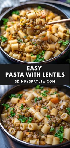 pasta with lentils in a skillet is being lifted by chopsticks to eat