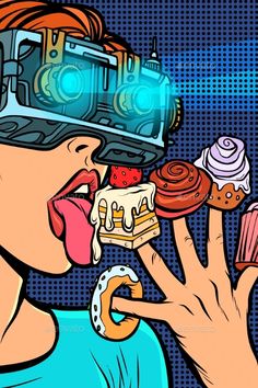 a woman eating some cupcakes while wearing virtual glasses - food objects & drink