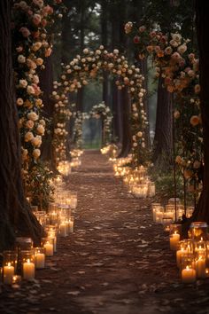 an outdoor wedding aisle with candles and roses on the trees lining the path to the ceremony