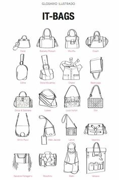 the different types of handbags are shown in black and white, as well as an image
