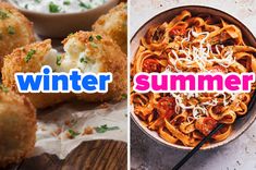 two pictures with different types of food and the words winter and summer written in pink