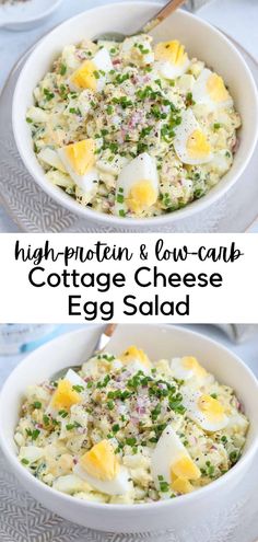 an egg salad in a white bowl on top of a blue table cloth with the words high - protein low - carb cottage cheese egg salad
