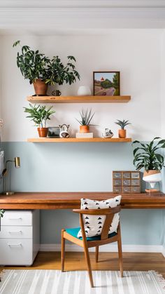 a wooden desk topped with lots of potted plants next to a wall mounted shelf