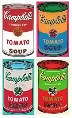 four cans of soup are shown in different colors