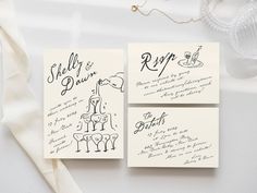 the wedding stationery is laid out on top of each other, with handwritten notes