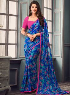 Blue Georgette Festival Wear Saree 133065 Designer Silk Sarees, Pure Silk Sarees, Mysore Silk Saree, Art Silk Sarees, Designer Sarees Online
