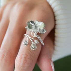 Bijoux, Outfits, Silver Flower Ring, Orchid Ring, Silver Orchid, Silver Jewelry, Flower Jewellery, Flower Ring, Gold Jewelry