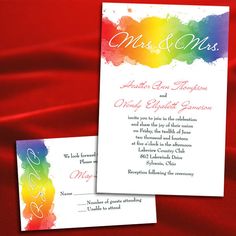 two wedding cards with watercolor stains on them and the same color as the background