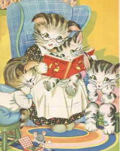 two cats are sitting on a chair and reading a book with another cat standing next to them