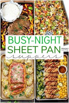 the busy night sheet pan is filled with meat, vegetables and other foods that are ready to be cooked