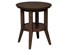 a round wooden table with two legs and an end table on one side that has a shelf underneath it