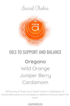 Learn how to balance your Sacral chakra, which represents life vitality and passion, with essential oils. Our chakras are major energy centers that help us to bring in and transmute energy. When a chakra is not in balance, we tend to express that in certain ways emotionally and physically. #sacralchakra #essentialoils #lisapowers Sacral Chakra Healing, Essential Oils For Chakras, Energy Healing, Chakra Locations