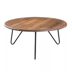 a round wooden table with black metal legs and a wood top on an isolated white background