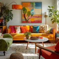 a living room filled with lots of colorful furniture