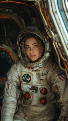 a woman in an astronaut's suit sitting on the edge of a space station