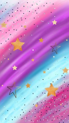 an abstract background with gold stars on pink, blue and purple stripes in the sky
