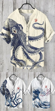 three different shirts with an octopus on them