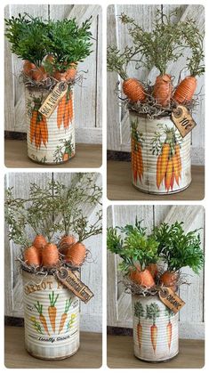 four pictures of carrots in a tin can with herbs growing out of the top