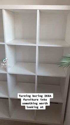 a white book shelf sitting in the corner of a room with text reading turning boring ikea furniture into something new and looking at