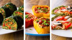 three different pictures of stuffed vegetables on plates