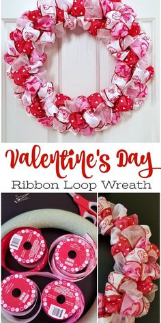 valentine's day ribbon loop wreath with pink and red hearts