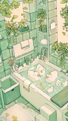 a bathroom with a bathtub, sink and green plants on the wall next to it