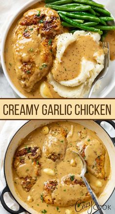 creamy garlic chicken topped with brown gravy and served with a side of mashed potatoes and green beans. Chicken Recipes, Paleo, Salmon, Slow Cooker, Creamy Garlic Chicken, Chicken Breast Recipes, Chicken Dishes Recipes, Crockpot Recipes