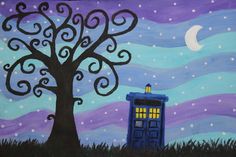 a painting of a tree and a tardish in the night sky with stars