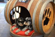 two dogs sitting in a dog house made out of wine barrels