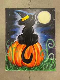a painting of a black cat sitting on top of a pumpkin with a witch's hat
