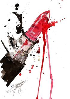 a watercolor painting of a lipstick bottle with red liquid spilling out of it's top