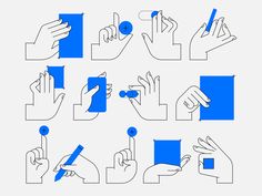 hands with different gestures are shown in blue and white, including one pointing at something