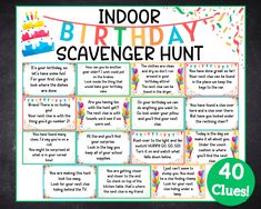 a birthday scavenger hunt with balloons and confetti on the top,