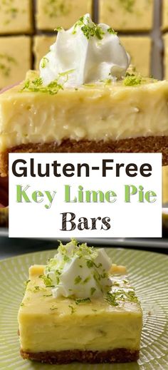 gluten - free key lime pie bars on a plate with the title overlay