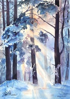 a painting of trees in the snow with sunbeams coming through them and light shining down on them